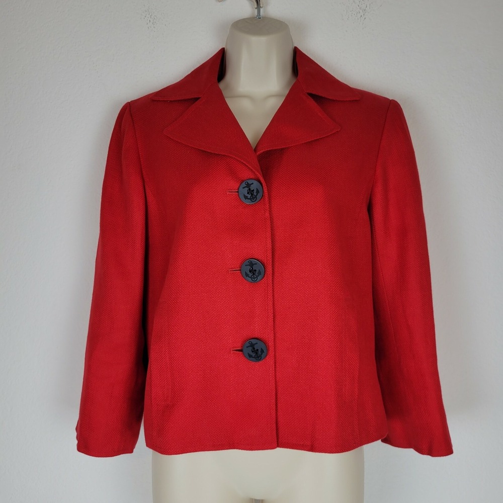 Lauren Ralph Lauren Sz 8 100% Linen Crop‎ Red Blazer Jacket Nautical Buttons
